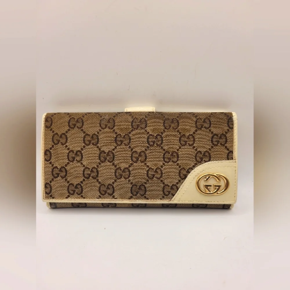 Gucci GG Long Wallet Beige White Gold Canvas Leather Monogram GUCCI Interlocking